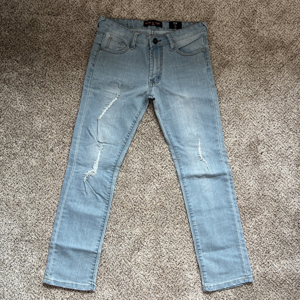 Ring‎ of Fire Boys Denim Blue Jeans - Size 12 Slim Fit - Light Wash Distressed